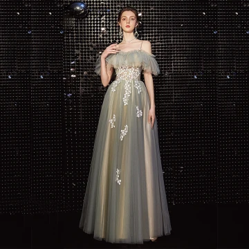 Elegant Grey Green Prom Dresses 2020 A Line Princess Spaghetti Straps Short Sleeve Appliques Lace Beading Floor Length Long Ruffle Backless Formal Dresses