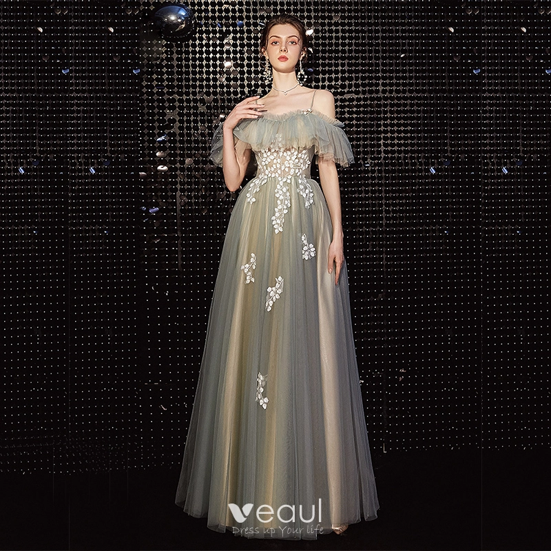 A-line Lace Long Prom Dresses, Appliques Elegant 2020 Long Prom Dresses