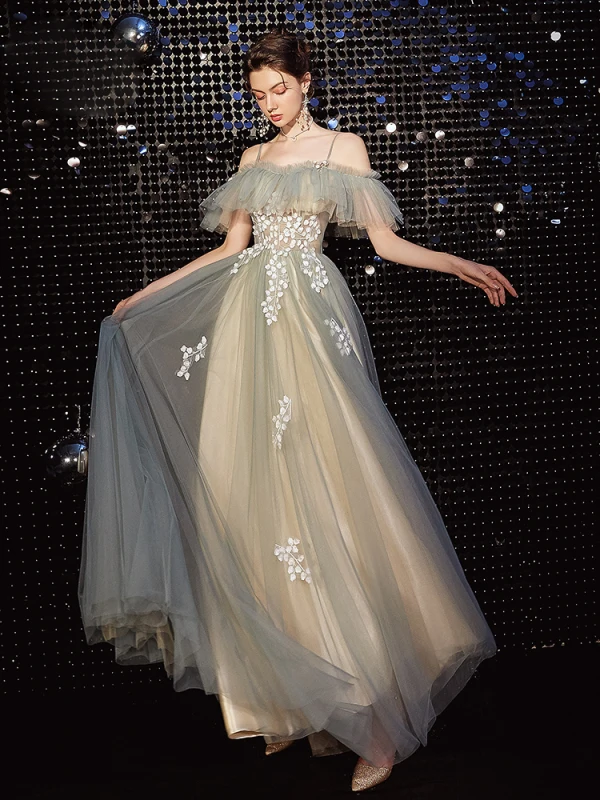 Elegant Grey Green Prom Dresses 2020 A-Line / Princess Spaghetti Straps Short Sleeve Appliques Lace Beading Floor-Length / Long Ruffle Backless Formal Dresses