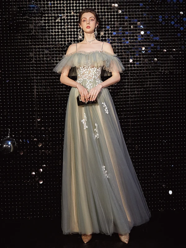Elegant Grey Green Prom Dresses 2020 A-Line / Princess Spaghetti Straps Short Sleeve Appliques Lace Beading Floor-Length / Long Ruffle Backless Formal Dresses