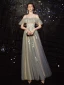 Elegant Grey Green Prom Dresses 2020 A-Line / Princess Spaghetti Straps Short Sleeve Appliques Lace Beading Floor-Length / Long Ruffle Backless Formal Dresses