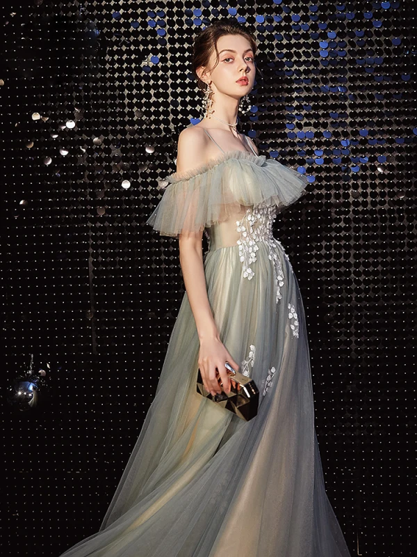 Elegant Grey Green Prom Dresses 2020 A-Line / Princess Spaghetti Straps Short Sleeve Appliques Lace Beading Floor-Length / Long Ruffle Backless Formal Dresses