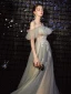 Elegant Grey Green Prom Dresses 2020 A-Line / Princess Spaghetti Straps Short Sleeve Appliques Lace Beading Floor-Length / Long Ruffle Backless Formal Dresses