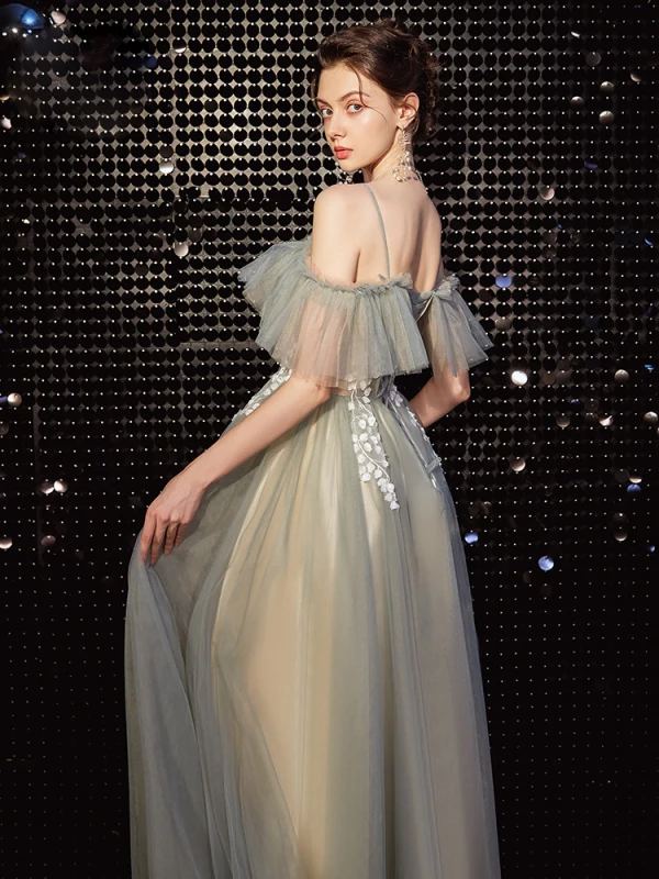 Elegant Grey Green Prom Dresses 2020 A-Line / Princess Spaghetti Straps Short Sleeve Appliques Lace Beading Floor-Length / Long Ruffle Backless Formal Dresses