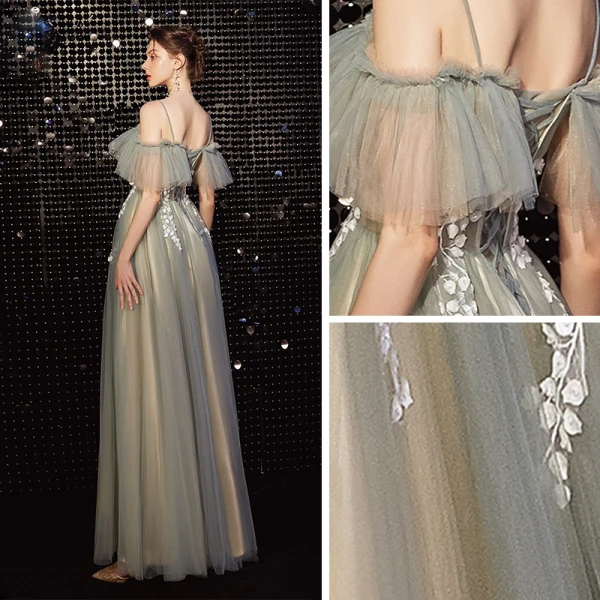 Elegant Grey Green Prom Dresses 2020 A-Line / Princess Spaghetti Straps Short Sleeve Appliques Lace Beading Floor-Length / Long Ruffle Backless Formal Dresses