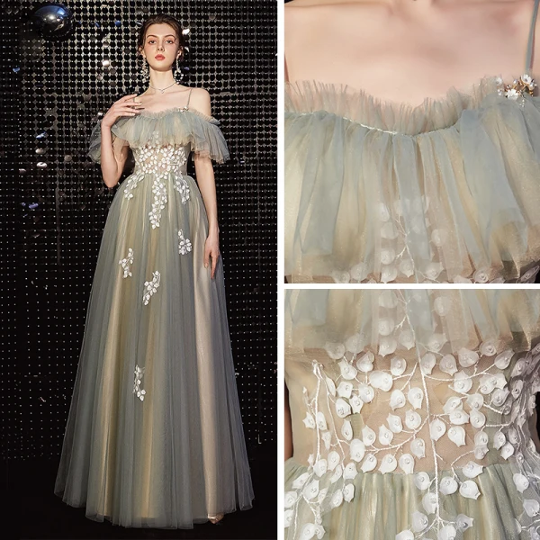 Elegant Grey Green Prom Dresses 2020 A-Line / Princess Spaghetti Straps Short Sleeve Appliques Lace Beading Floor-Length / Long Ruffle Backless Formal Dresses