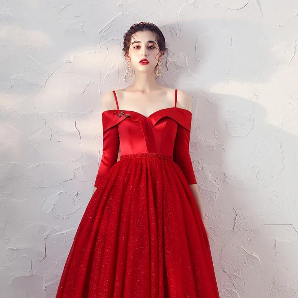 Chic / Belle Rouge Satin Robe De Bal 2020 Princesse Bretelles Spaghetti De l'épaule 3/4 Manches Perlage Ceinture Glitter Tulle Courte Volants Dos Nu Robe De Ceremonie