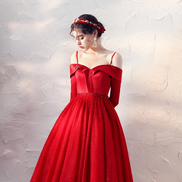 Chic / Belle Rouge Satin Robe De Bal 2020 Princesse Bretelles Spaghetti De l'épaule 3/4 Manches Perlage Ceinture Glitter Tulle Courte Volants Dos Nu Robe De Ceremonie