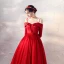 Chic / Belle Rouge Satin Robe De Bal 2020 Princesse Bretelles Spaghetti De l'épaule 3/4 Manches Perlage Ceinture Glitter Tulle Courte Volants Dos Nu Robe De Ceremonie
