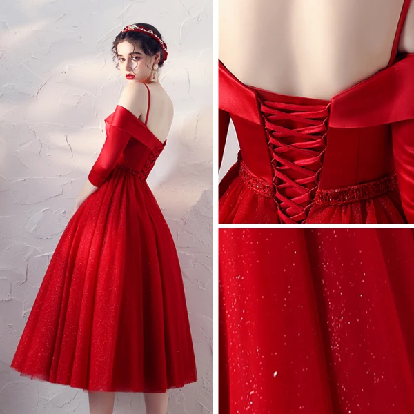 Chic / Belle Rouge Satin Robe De Bal 2020 Princesse Bretelles Spaghetti De l'épaule 3/4 Manches Perlage Ceinture Glitter Tulle Courte Volants Dos Nu Robe De Ceremonie