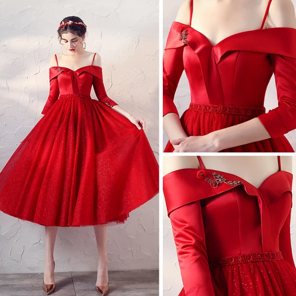 Chic / Belle Rouge Satin Robe De Bal 2020 Princesse Bretelles Spaghetti De l'épaule 3/4 Manches Perlage Ceinture Glitter Tulle Courte Volants Dos Nu Robe De Ceremonie