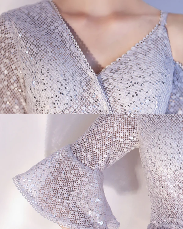 Modern / Fashion Grey Homecoming Graduation Dresses 2020 A-Line / Princess V-Neck Short Sleeve Glitter Sequins Short Ruffle Backless Formal Dresses