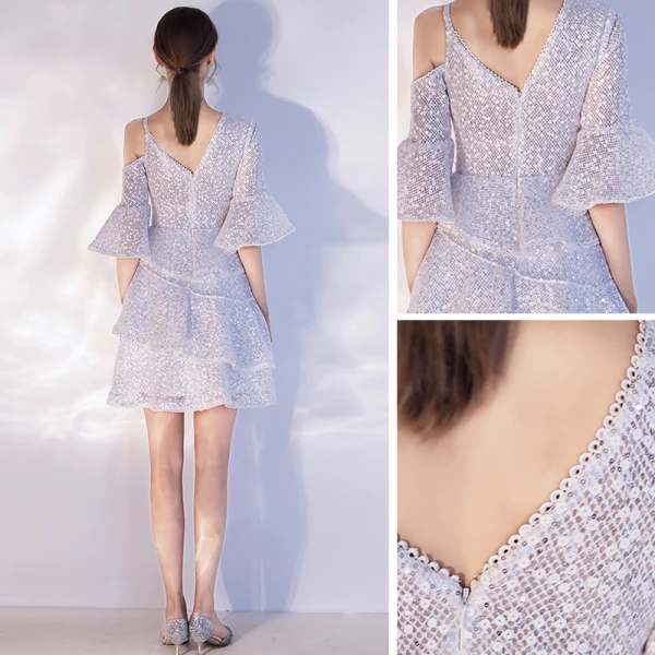 Modern / Fashion Grey Homecoming Graduation Dresses 2020 A-Line / Princess V-Neck Short Sleeve Glitter Sequins Short Ruffle Backless Formal Dresses