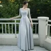 Affordable Brown Satin Bridesmaid Dresses 2020 A-Line / Princess V-Neck 1/2 Sleeves Appliques Lace Bow Sash Floor-Length / Long Ruffle Backless Wedding Party Dresses