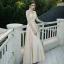 Affordable Brown Satin Bridesmaid Dresses 2020 A-Line / Princess V-Neck 1/2 Sleeves Appliques Lace Bow Sash Floor-Length / Long Ruffle Backless Wedding Party Dresses