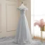 Affordable Grey Evening Dresses  2020 A-Line / Princess Off-The-Shoulder Spaghetti Straps Short Sleeve Glitter Tulle Floor-Length / Long Ruffle Backless Formal Dresses