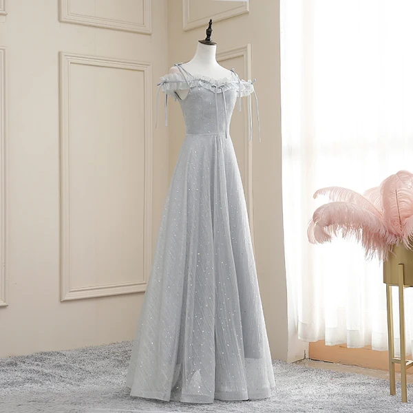 Affordable Grey Evening Dresses 2020 A-Line / Princess Off-The-Shoulder Spaghetti Straps Short Sleeve Glitter Tulle Floor-Length / Long Ruffle Backless Formal Dresses