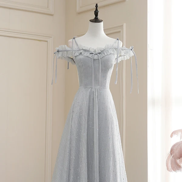 Affordable Grey Evening Dresses 2020 A-Line / Princess Off-The-Shoulder Spaghetti Straps Short Sleeve Glitter Tulle Floor-Length / Long Ruffle Backless Formal Dresses