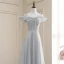 Affordable Grey Evening Dresses  2020 A-Line / Princess Off-The-Shoulder Spaghetti Straps Short Sleeve Glitter Tulle Floor-Length / Long Ruffle Backless Formal Dresses