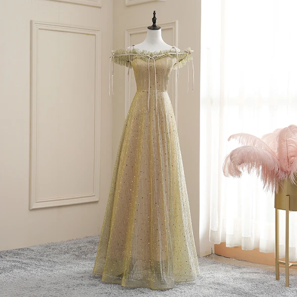 Affordable Grey Evening Dresses 2020 A-Line / Princess Off-The-Shoulder Spaghetti Straps Short Sleeve Glitter Tulle Floor-Length / Long Ruffle Backless Formal Dresses