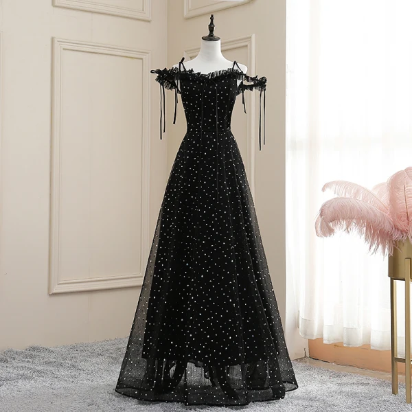 Affordable Grey Evening Dresses 2020 A-Line / Princess Off-The-Shoulder Spaghetti Straps Short Sleeve Glitter Tulle Floor-Length / Long Ruffle Backless Formal Dresses