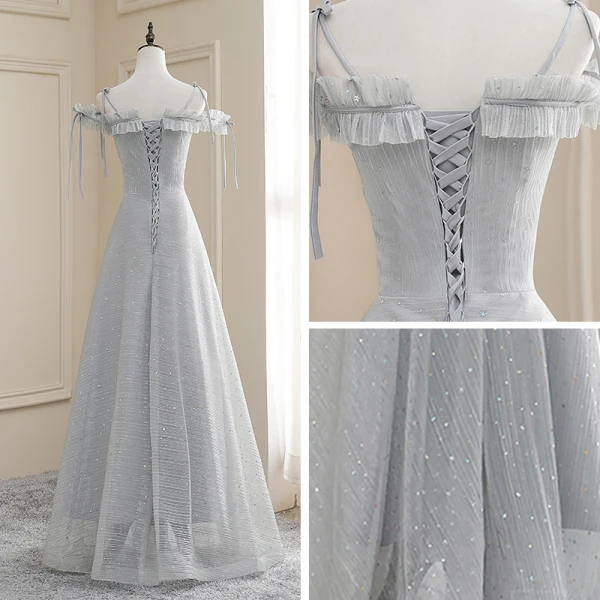 Affordable Grey Evening Dresses 2020 A-Line / Princess Off-The-Shoulder Spaghetti Straps Short Sleeve Glitter Tulle Floor-Length / Long Ruffle Backless Formal Dresses