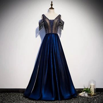 Best Royal Blue Satin Evening Dresses 2020 A Line Princess V Neck Short Sleeve Beading Tassel Floor Length Long Ruffle Backless Formal Dresses