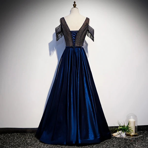 Best Royal Blue Satin Evening Dresses 2020 A-Line / Princess V-Neck Short Sleeve Beading Tassel Floor-Length / Long Ruffle Backless Formal Dresses