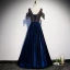Best Royal Blue Satin Evening Dresses  2020 A-Line / Princess V-Neck Short Sleeve Beading Tassel Floor-Length / Long Ruffle Backless Formal Dresses