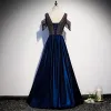 Best Royal Blue Satin Evening Dresses  2020 A-Line / Princess V-Neck Short Sleeve Beading Tassel Floor-Length / Long Ruffle Backless Formal Dresses