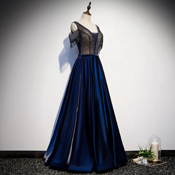 Best Royal Blue Satin Evening Dresses 2020 A-Line / Princess V-Neck Short Sleeve Beading Tassel Floor-Length / Long Ruffle Backless Formal Dresses