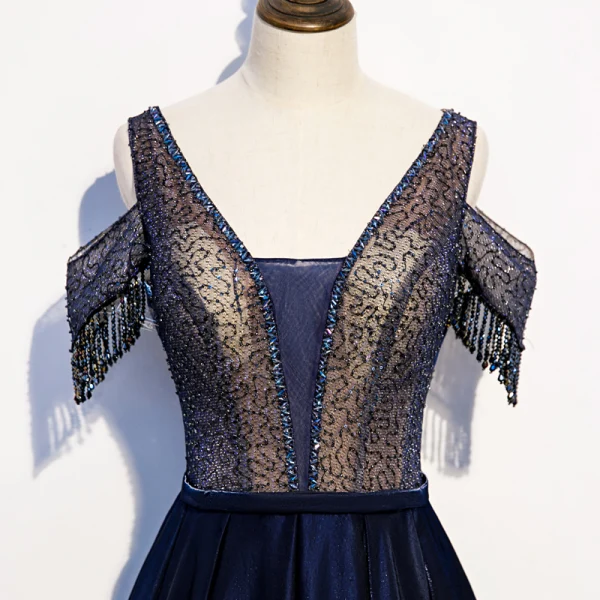 Best Royal Blue Satin Evening Dresses 2020 A-Line / Princess V-Neck Short Sleeve Beading Tassel Floor-Length / Long Ruffle Backless Formal Dresses
