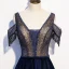 Best Royal Blue Satin Evening Dresses  2020 A-Line / Princess V-Neck Short Sleeve Beading Tassel Floor-Length / Long Ruffle Backless Formal Dresses