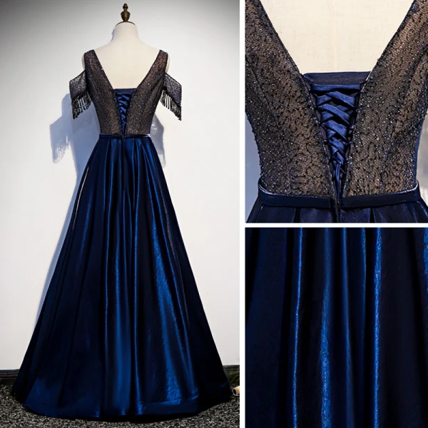 Best Royal Blue Satin Evening Dresses 2020 A-Line / Princess V-Neck Short Sleeve Beading Tassel Floor-Length / Long Ruffle Backless Formal Dresses