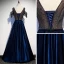 Best Royal Blue Satin Evening Dresses  2020 A-Line / Princess V-Neck Short Sleeve Beading Tassel Floor-Length / Long Ruffle Backless Formal Dresses