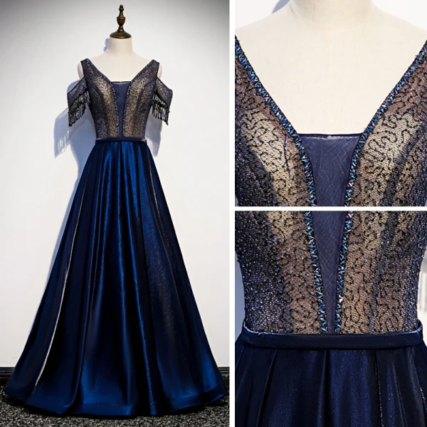 Best Royal Blue Satin Evening Dresses 2020 A-Line / Princess V-Neck Short Sleeve Beading Tassel Floor-Length / Long Ruffle Backless Formal Dresses