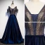 Best Royal Blue Satin Evening Dresses  2020 A-Line / Princess V-Neck Short Sleeve Beading Tassel Floor-Length / Long Ruffle Backless Formal Dresses
