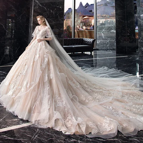 Eleganckie Szampan Suknie Ślubne 2020 Princessa V-Szyja Bufiasta 1/2 Rękawy Bez Pleców Aplikacje Z Koronki Frezowanie Trenem Katedra Wzburzyć