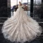 Eleganta Champagne Bröllopsklänningar 2020 Prinsessa V-Hals Pösigt 1/2 ärm Halterneck Appliqués Spets Beading Cathedral Train Ruffle