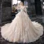 Eleganta Champagne Bröllopsklänningar 2020 Prinsessa V-Hals Pösigt 1/2 ärm Halterneck Appliqués Spets Beading Cathedral Train Ruffle