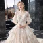 Eleganta Champagne Bröllopsklänningar 2020 Prinsessa V-Hals Pösigt 1/2 ärm Halterneck Appliqués Spets Beading Cathedral Train Ruffle