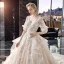 Eleganta Champagne Bröllopsklänningar 2020 Prinsessa V-Hals Pösigt 1/2 ärm Halterneck Appliqués Spets Beading Cathedral Train Ruffle