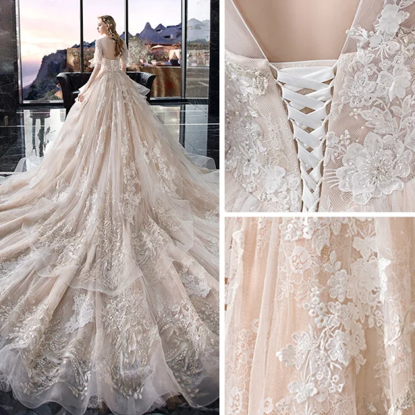 Eleganta Champagne Bröllopsklänningar 2020 Prinsessa V-Hals Pösigt 1/2 ärm Halterneck Appliqués Spets Beading Cathedral Train Ruffle