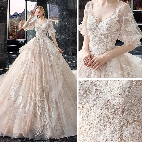 Eleganta Champagne Bröllopsklänningar 2020 Prinsessa V-Hals Pösigt 1/2 ärm Halterneck Appliqués Spets Beading Cathedral Train Ruffle