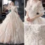 Eleganta Champagne Bröllopsklänningar 2020 Prinsessa V-Hals Pösigt 1/2 ärm Halterneck Appliqués Spets Beading Cathedral Train Ruffle