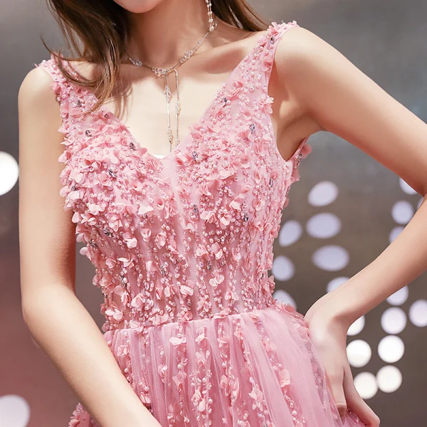Haut de Gamme Rose Bonbon Robe De Soirée 2020 Princesse V-Cou Sans Manches Appliques En Dentelle Perlage Train De Balayage Volants Dos Nu Robe De Ceremonie