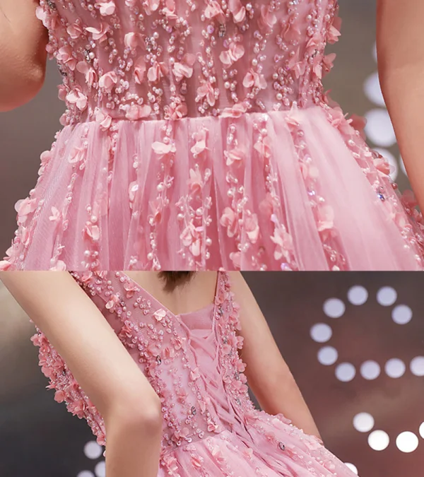Haut de Gamme Rose Bonbon Robe De Soirée 2020 Princesse V-Cou Sans Manches Appliques En Dentelle Perlage Train De Balayage Volants Dos Nu Robe De Ceremonie