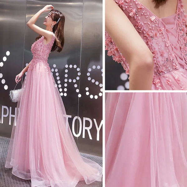 Haut de Gamme Rose Bonbon Robe De Soirée 2020 Princesse V-Cou Sans Manches Appliques En Dentelle Perlage Train De Balayage Volants Dos Nu Robe De Ceremonie