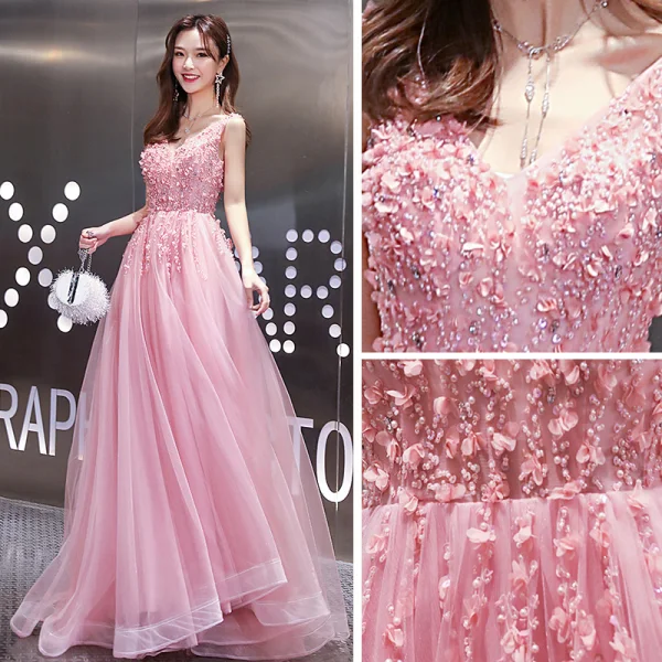 Haut de Gamme Rose Bonbon Robe De Soirée 2020 Princesse V-Cou Sans Manches Appliques En Dentelle Perlage Train De Balayage Volants Dos Nu Robe De Ceremonie