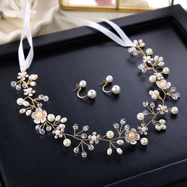 Elegant Ivory Headbands 2020 Metal Lace-up Rhinestone Pearl Headpieces Earrings Wedding Bridal Hair Accessories